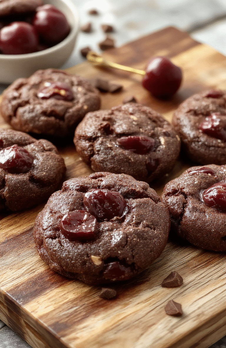 Rich, fudgy chocolate chip cookies studded with plump dried cherries and dark chocolate chunks, placed on a rustic wooden board with a dusting of powdered sugar and fresh sprigs of rosemary, shot in natural daylight with soft shadows and shallow depth of field.