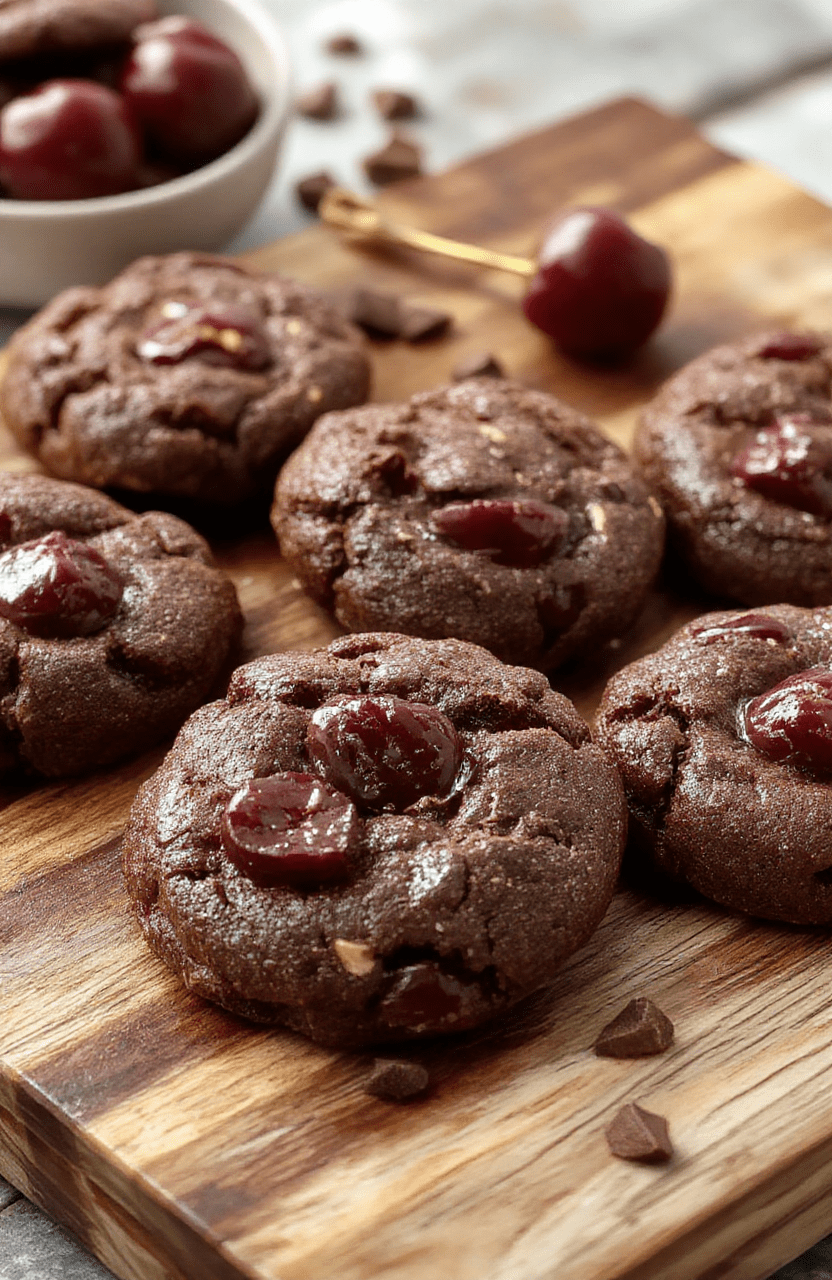 Rich, fudgy chocolate chip cookies studded with plump dried cherries and dark chocolate chunks, placed on a rustic wooden board with a dusting of powdered sugar and fresh sprigs of rosemary, shot in natural daylight with soft shadows and shallow depth of field.