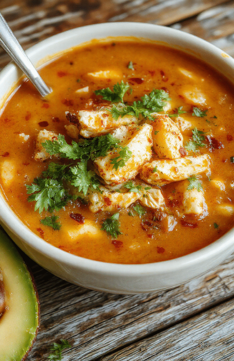 A steaming bowl of chunky chicken tortilla soup garnished with shredded cheese, fresh cilantro, avocado slices, and crisp tortilla chips, served in a rustic ceramic bowl against a wooden table with soft natural light.