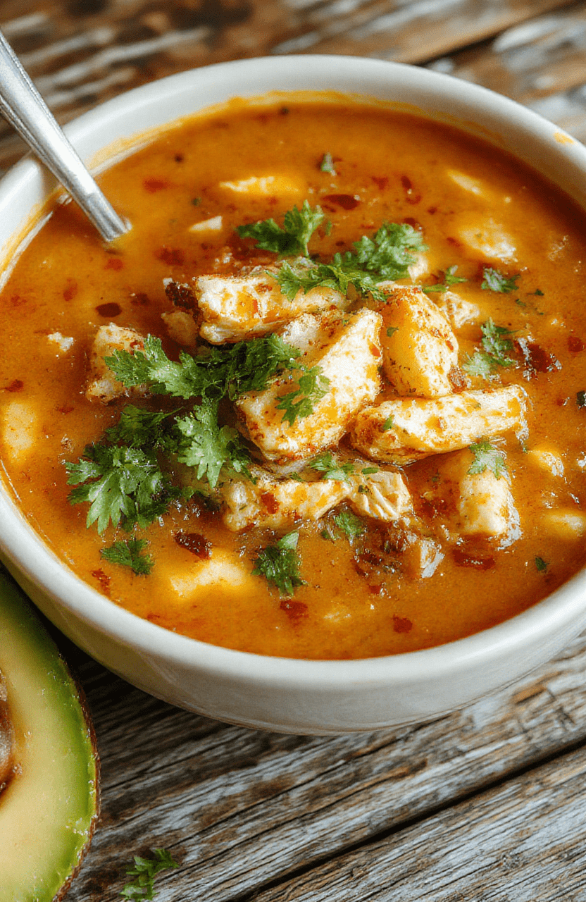 A steaming bowl of chunky chicken tortilla soup garnished with shredded cheese, fresh cilantro, avocado slices, and crisp tortilla chips, served in a rustic ceramic bowl against a wooden table with soft natural light.