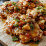 Juicy, golden-brown pork chops stacked neatly on a white ceramic plate, smothered in a rich dark brown onion and mushroom gravy, garnished with fresh parsley, served with roasted baby potatoes and green beans on a rustic wooden board, soft natural daylight, shallow depth of field, cozy kitchen background.