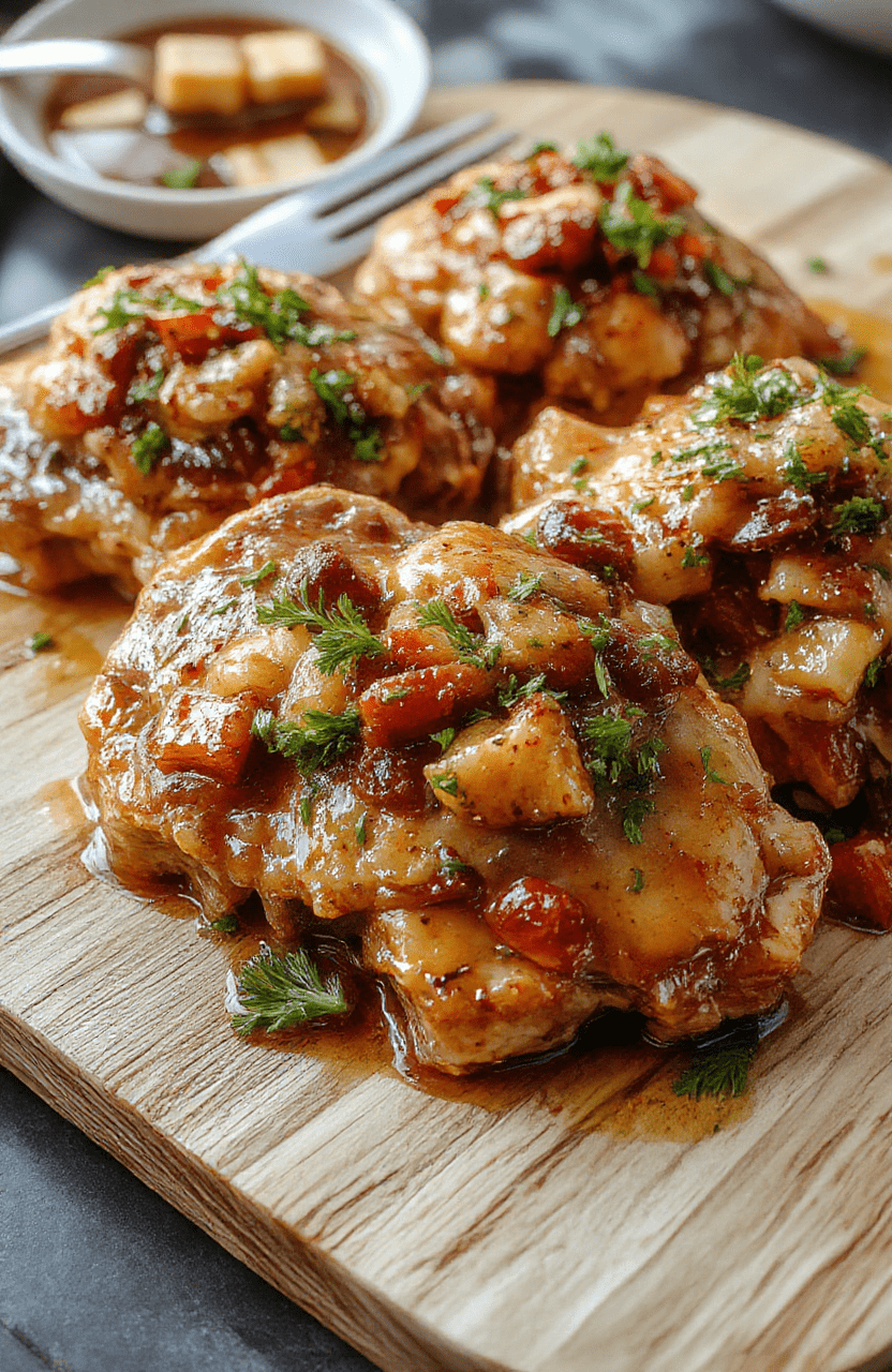 Juicy, golden-brown pork chops stacked neatly on a white ceramic plate, smothered in a rich dark brown onion and mushroom gravy, garnished with fresh parsley, served with roasted baby potatoes and green beans on a rustic wooden board, soft natural daylight, shallow depth of field, cozy kitchen background.