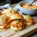 Mini chicken sliders on soft brioche buns, tossed in bright orange buffalo sauce, topped with crumbled blue cheese and sliced green onions, served on a wooden board with a side of celery sticks and ranch dip in a small bowl.