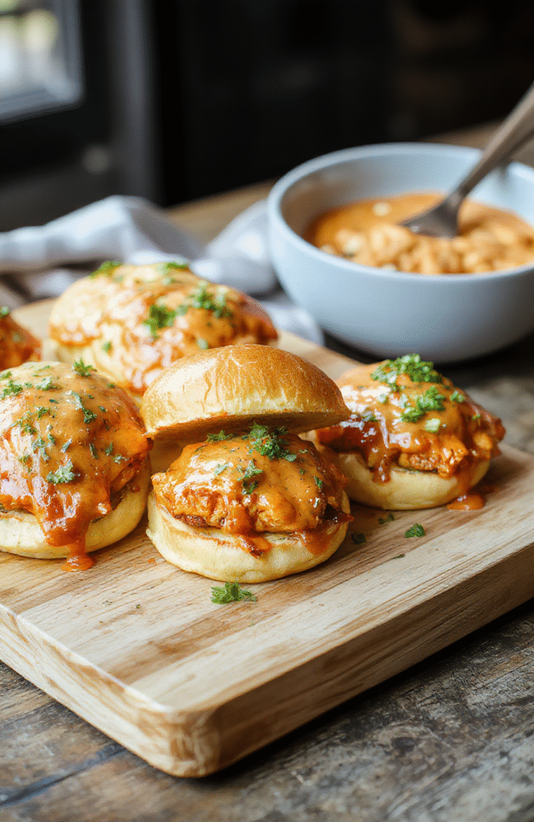 Mini chicken sliders on soft brioche buns, tossed in bright orange buffalo sauce, topped with crumbled blue cheese and sliced green onions, served on a wooden board with a side of celery sticks and ranch dip in a small bowl.