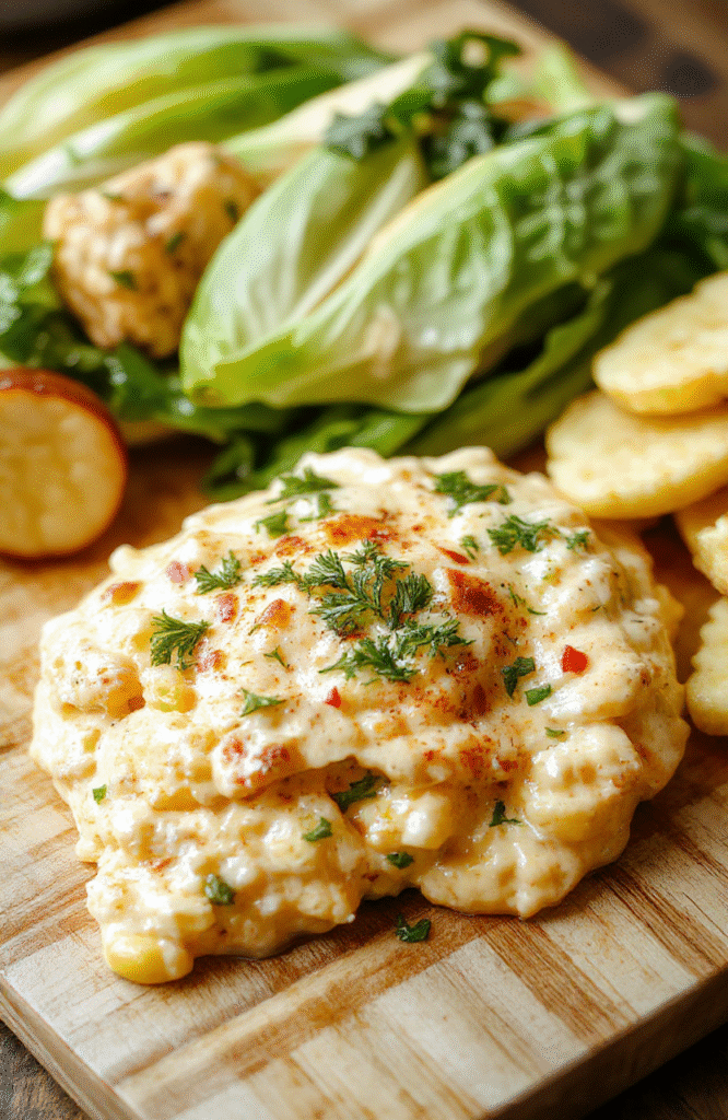 A golden-brown, bubbly cheesy corn dip in a rustic ceramic bowl, garnished with fresh cilantro and red onion, served with tortilla chips and sliced bell peppers on a wooden board.