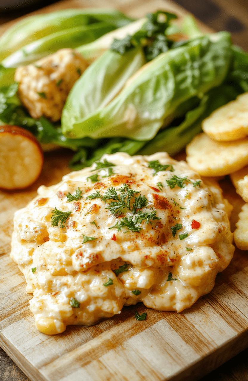 A golden-brown, bubbly cheesy corn dip in a rustic ceramic bowl, garnished with fresh cilantro and red onion, served with tortilla chips and sliced bell peppers on a wooden board.