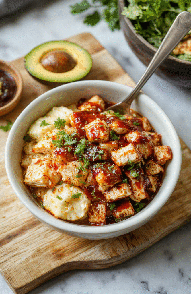Glossy golden-brown chicken strips glistening with sweet-savory teriyaki glaze, nestled over fluffy white rice with steamed broccoli florets and sliced green onions scattered on top, served in a simple ceramic bowl on a wooden table with soft natural lighting and light wood grain visible.
