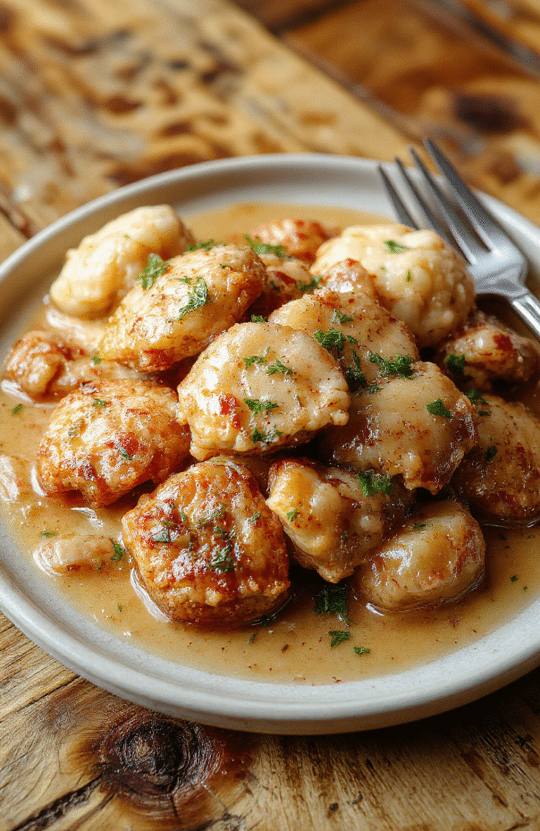 A rustic cast-iron skillet filled with tender shredded chicken in a creamy, herb-infused broth, topped with fluffy, golden-brown dumplings, garnished with fresh parsley and cracked black pepper, served on a wooden table with soft natural light and shallow depth of field.