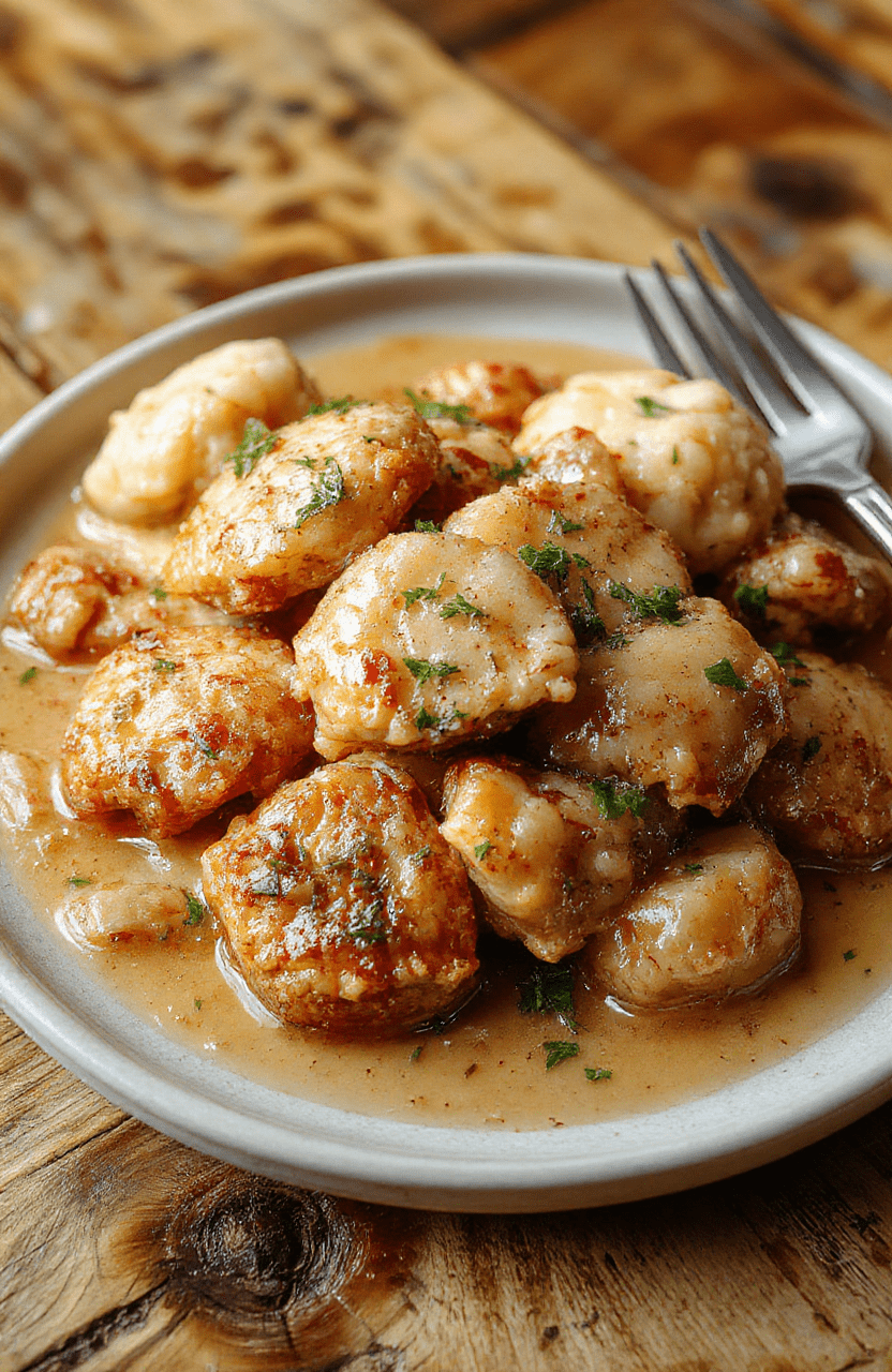 A rustic cast-iron skillet filled with tender shredded chicken in a creamy, herb-infused broth, topped with fluffy, golden-brown dumplings, garnished with fresh parsley and cracked black pepper, served on a wooden table with soft natural light and shallow depth of field.