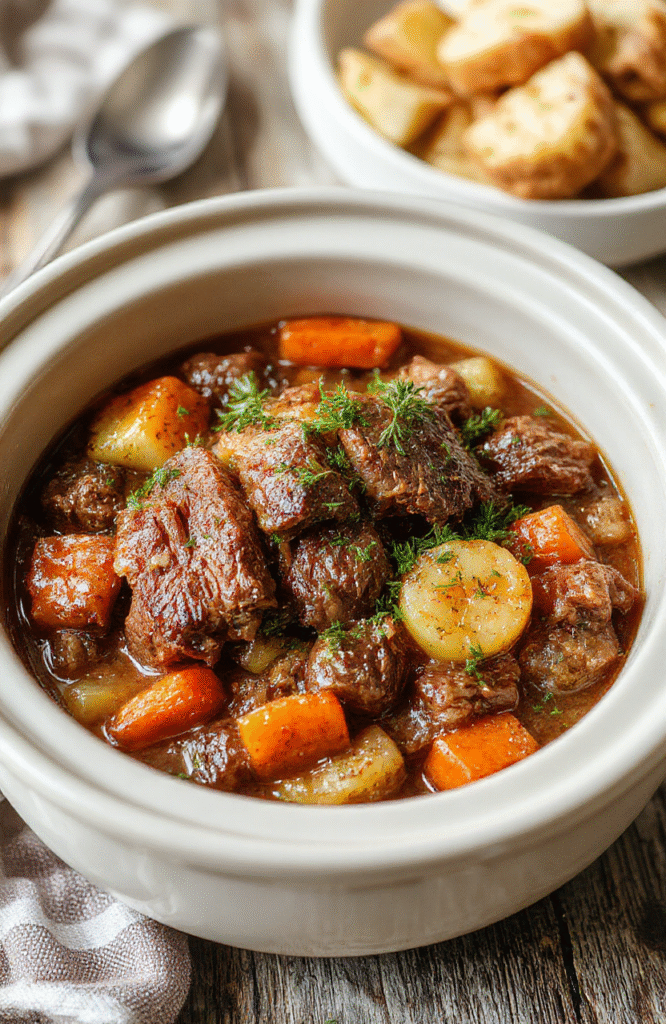 A rustic ceramic crock pot filled with tender, braised beef roast, golden-brown and glistening with pan juices, surrounded by soft-carrot coins, halved baby potatoes, and wilted onion wedges. steam rises gently from the dish. served on a simple white ceramic plate with a side of dark wood table texture.