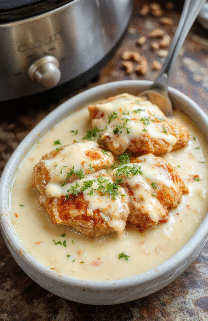 Golden-brown chicken pieces in a rich, creamy orange-red curry sauce with tomatoes, onions, and garlic, garnished with fresh cilantro and a drizzle of cream, served in a rustic ceramic bowl with basmati rice on the side, natural light, soft shadows, close-up food photography.