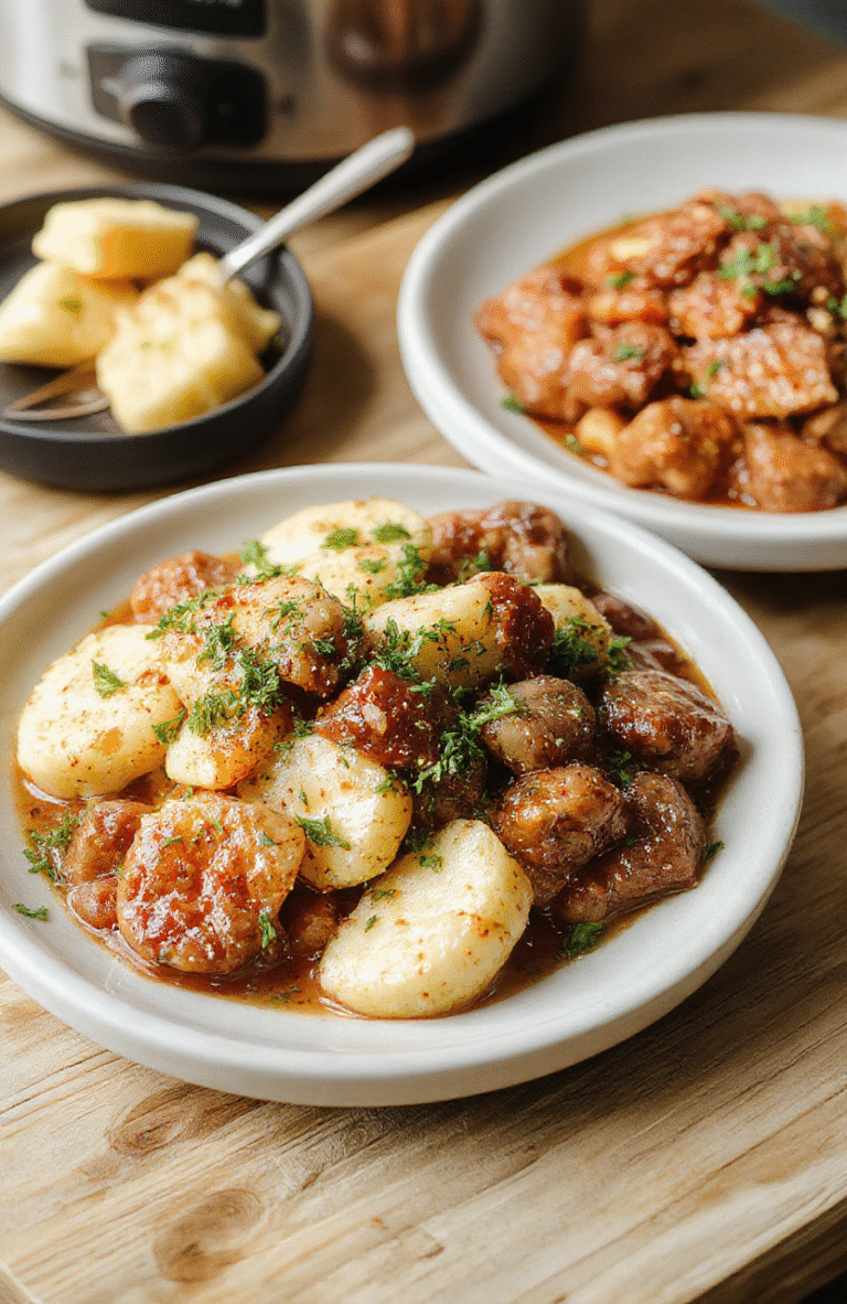A rustic ceramic crockpot on a wooden kitchen counter, lid slightly tilted to reveal tender shredded chicken with golden carrots and celery, steam faintly rising, surrounded by fresh herbs and a wooden spoon. Soft natural light, cozy background, shallow depth of field focusing on the rich, savory dish inside.