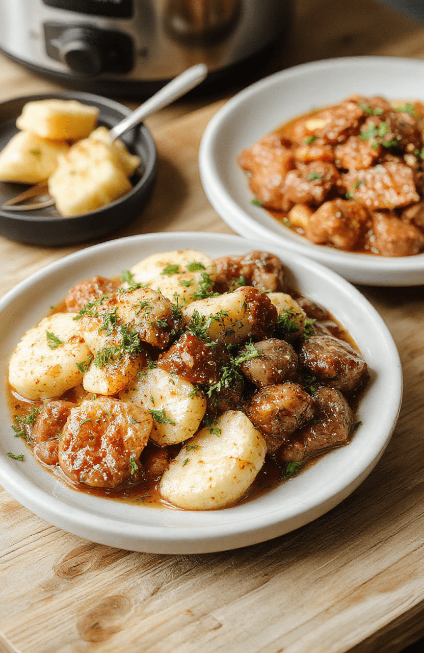 A rustic ceramic crockpot on a wooden kitchen counter, lid slightly tilted to reveal tender shredded chicken with golden carrots and celery, steam faintly rising, surrounded by fresh herbs and a wooden spoon. Soft natural light, cozy background, shallow depth of field focusing on the rich, savory dish inside.
