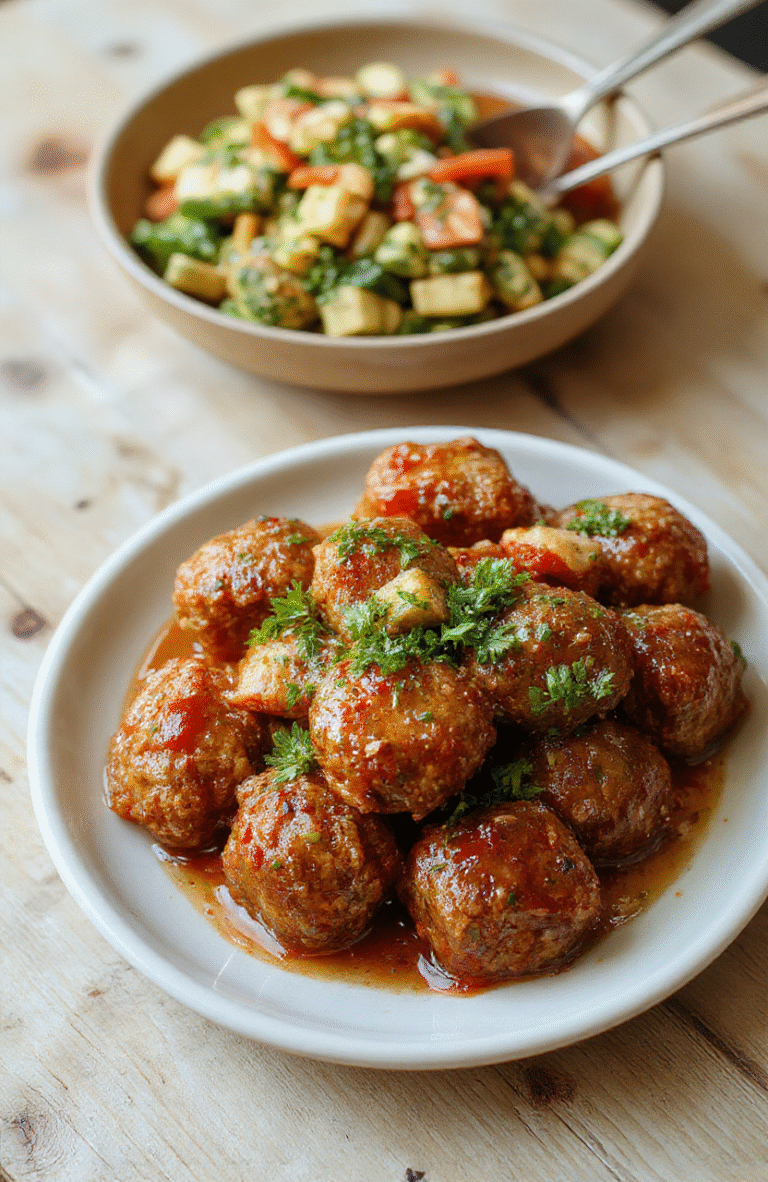Golden-brown Mongolian meatballs glistening under a glossy sweet-savory sauce, garnished with sliced green onions and sesame seeds, served over fluffy白 rice in a white ceramic bowl against a wooden tabletop with soft natural lighting.