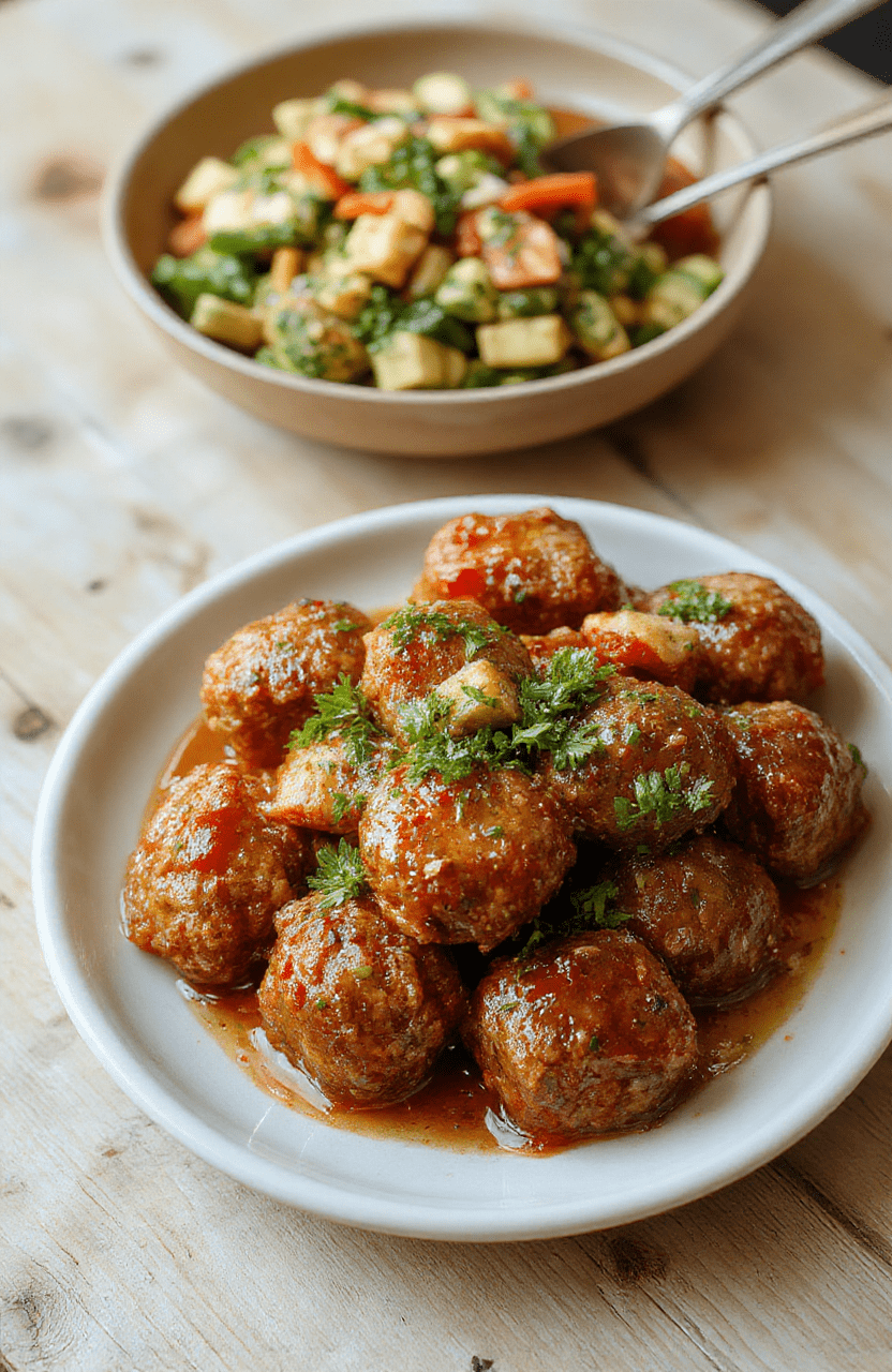 Golden-brown Mongolian meatballs glistening under a glossy sweet-savory sauce, garnished with sliced green onions and sesame seeds, served over fluffy白 rice in a white ceramic bowl against a wooden tabletop with soft natural lighting.