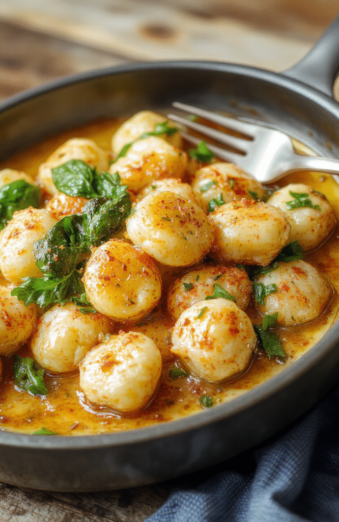 Golden-brown gnocchi clustered in a shallow ceramic dish, glistening with garlic butter, tossed with wilted baby spinach and flecks of parsley, served in the same pan with light browning on the edges, no extra utensils, natural wood table surface, soft natural lighting.