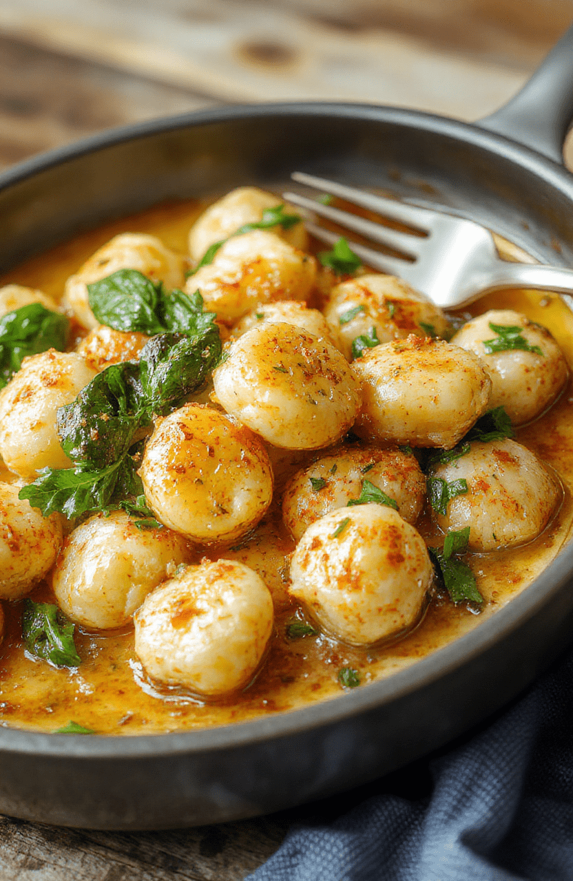 Golden-brown gnocchi clustered in a shallow ceramic dish, glistening with garlic butter, tossed with wilted baby spinach and flecks of parsley, served in the same pan with light browning on the edges, no extra utensils, natural wood table surface, soft natural lighting.
