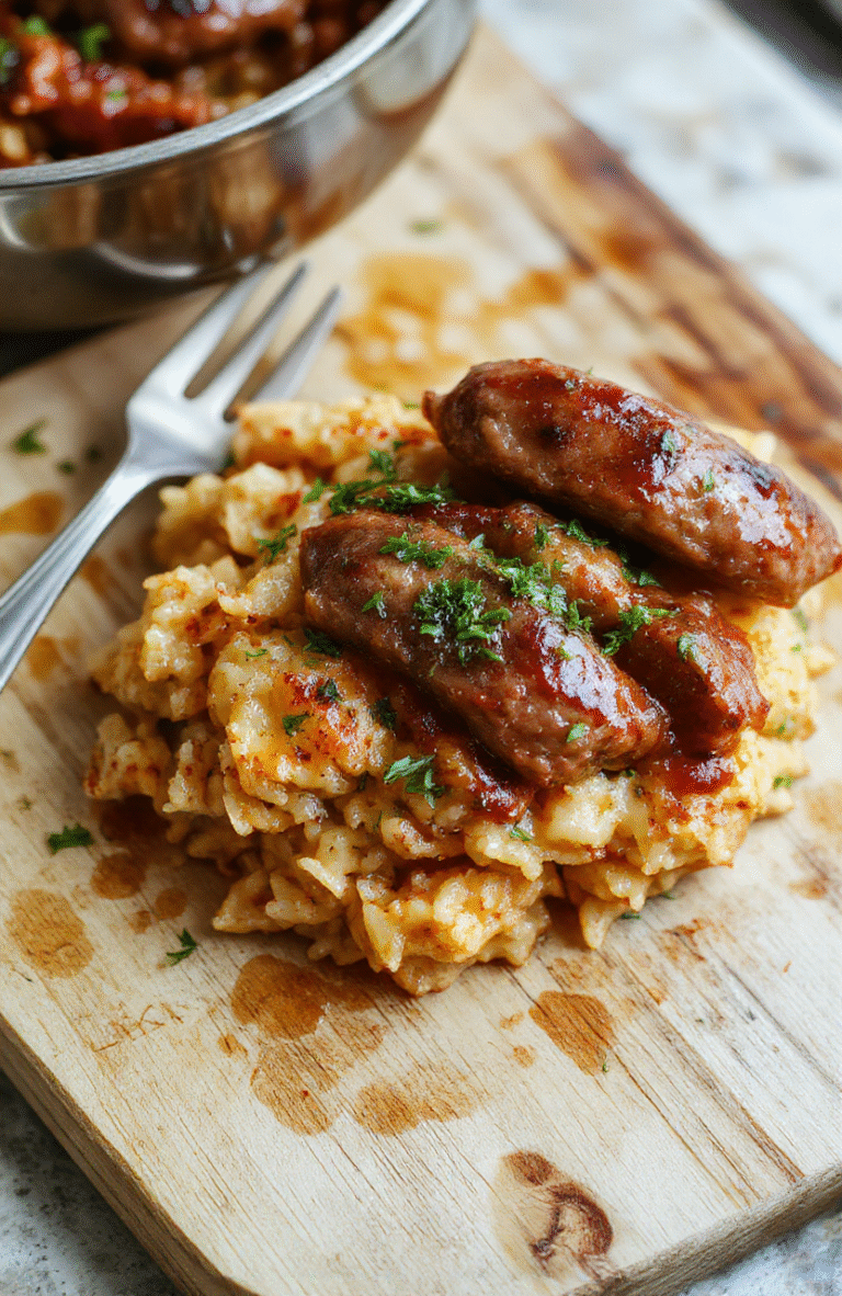 Golden-brown Italian sausage links and fluffy white rice cooked together in a rustic ceramic bowl, garnished with fresh parsley and a sprinkle of grated Parmesan, on a warm wooden cutting board, with soft natural light and shallow depth of field.