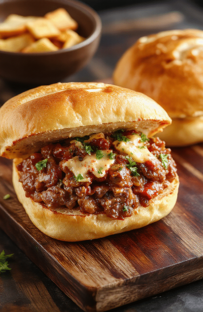 Juicy, savory Philly Cheesesteak Sloppy Joes served in a toasted hoagie roll, topped with melted provolone cheese, sautéed onions, green peppers, and ground beef with a rich tangy-sweet sauce, garnished with parsley on a rustic wooden board with faint grill marks and light steam rising.