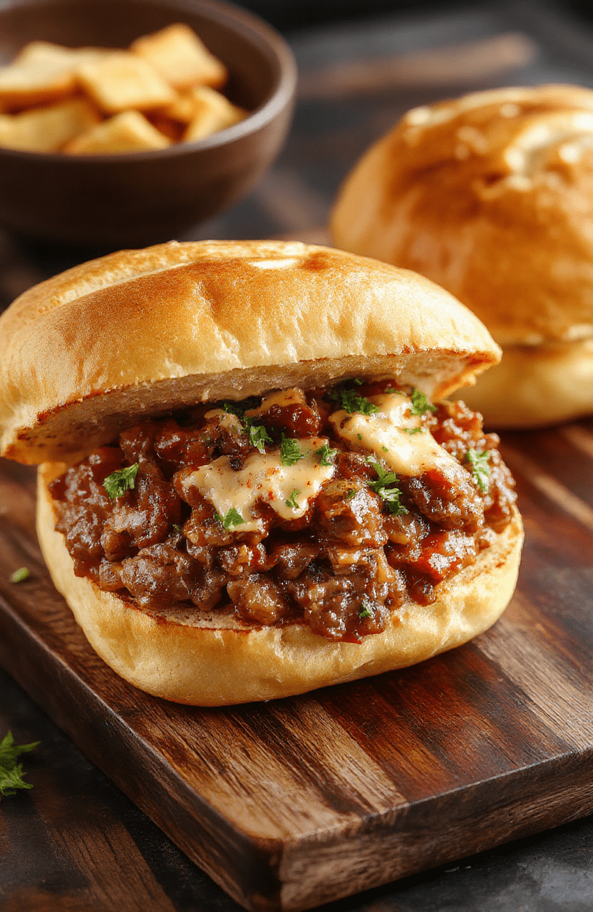 Juicy, savory Philly Cheesesteak Sloppy Joes served in a toasted hoagie roll, topped with melted provolone cheese, sautéed onions, green peppers, and ground beef with a rich tangy-sweet sauce, garnished with parsley on a rustic wooden board with faint grill marks and light steam rising.