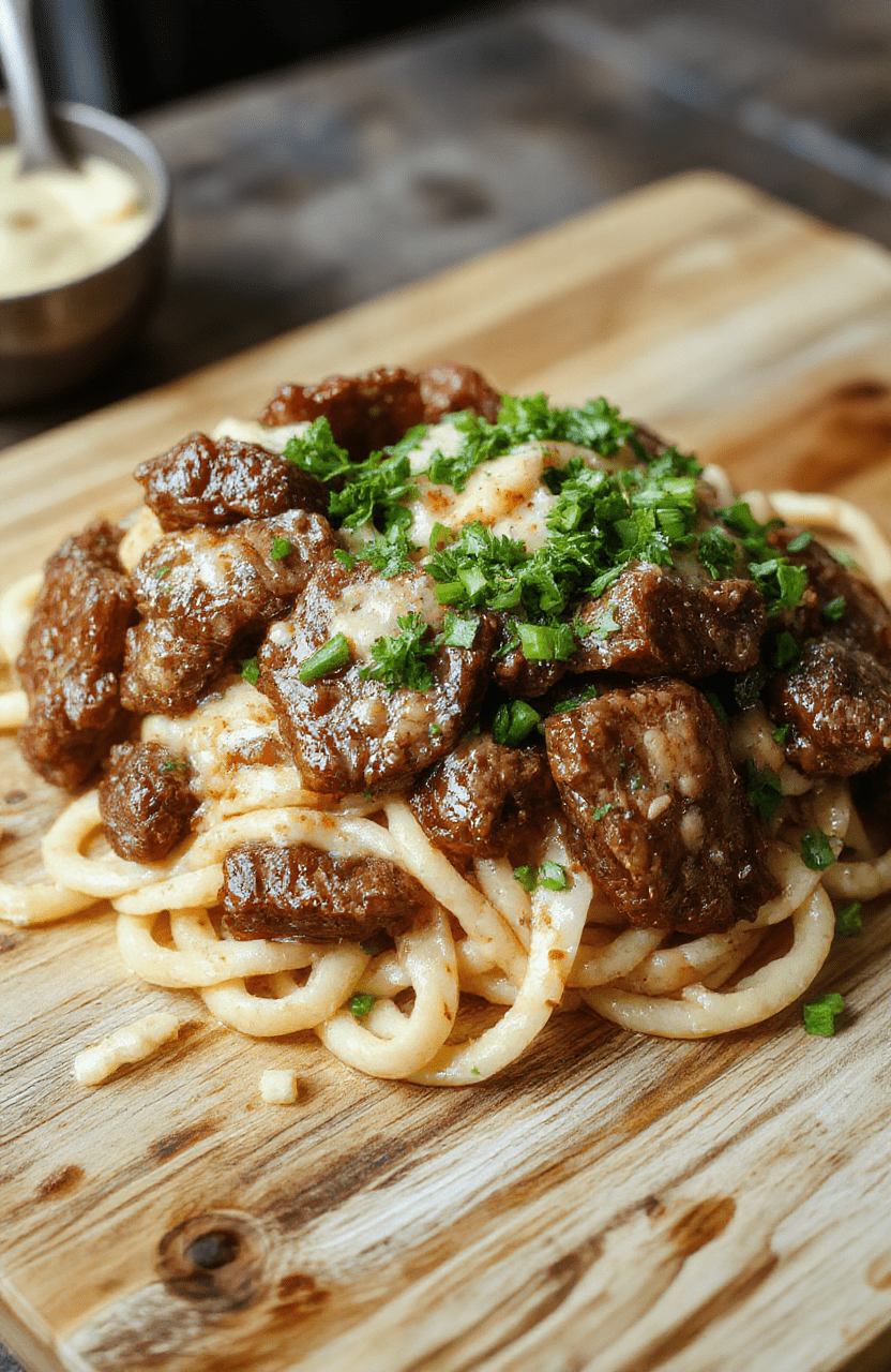 Golden-brown beef tips nestled in a rich, glossy gravy over a bed of creamy egg noodles, garnished with fresh parsley, served in a rustic ceramic bowl on a wooden tabletop with soft natural lighting and shallow depth of field.