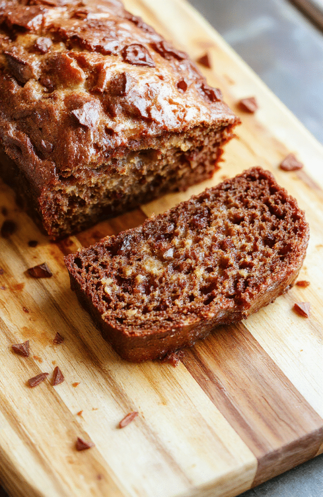 A golden-brown, slightly crackled banana loaf on a clean white ceramic plate, dusted with powdered sugar, sides show tender crumb and visible banana chunks, served with a whole ripe yellow banana and a small pat of melted butter on a wooden board, soft natural light from window, cozy kitchen background.