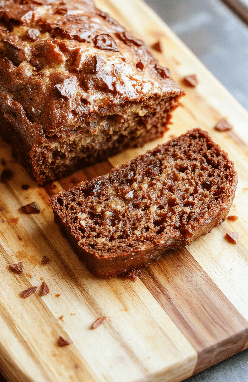 A golden-brown, slightly crackled banana loaf on a clean white ceramic plate, dusted with powdered sugar, sides show tender crumb and visible banana chunks, served with a whole ripe yellow banana and a small pat of melted butter on a wooden board, soft natural light from window, cozy kitchen background.