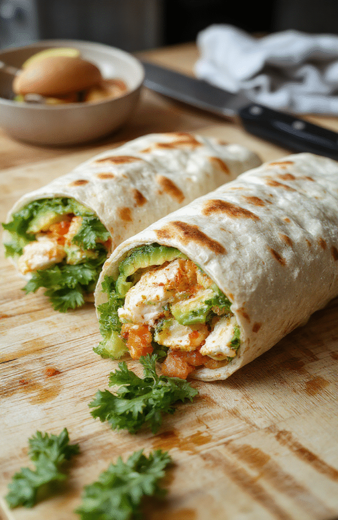 A fresh, vibrant healthy chicken avocado wrap nestled on a rustic wooden cutting board, sliced diagonally to reveal a colorful interior of grilled chicken strips, creamy avocado slices, crisp romaine leaves, cherry tomatoes, and light lime-avocado sauce. Natural light highlights the textures of the whole wheat tortilla and fresh ingredients.