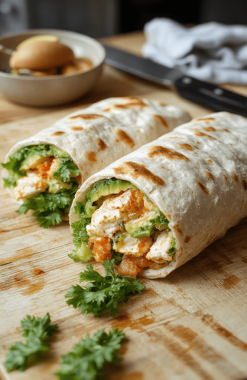 A fresh, vibrant healthy chicken avocado wrap nestled on a rustic wooden cutting board, sliced diagonally to reveal a colorful interior of grilled chicken strips, creamy avocado slices, crisp romaine leaves, cherry tomatoes, and light lime-avocado sauce. Natural light highlights the textures of the whole wheat tortilla and fresh ingredients.