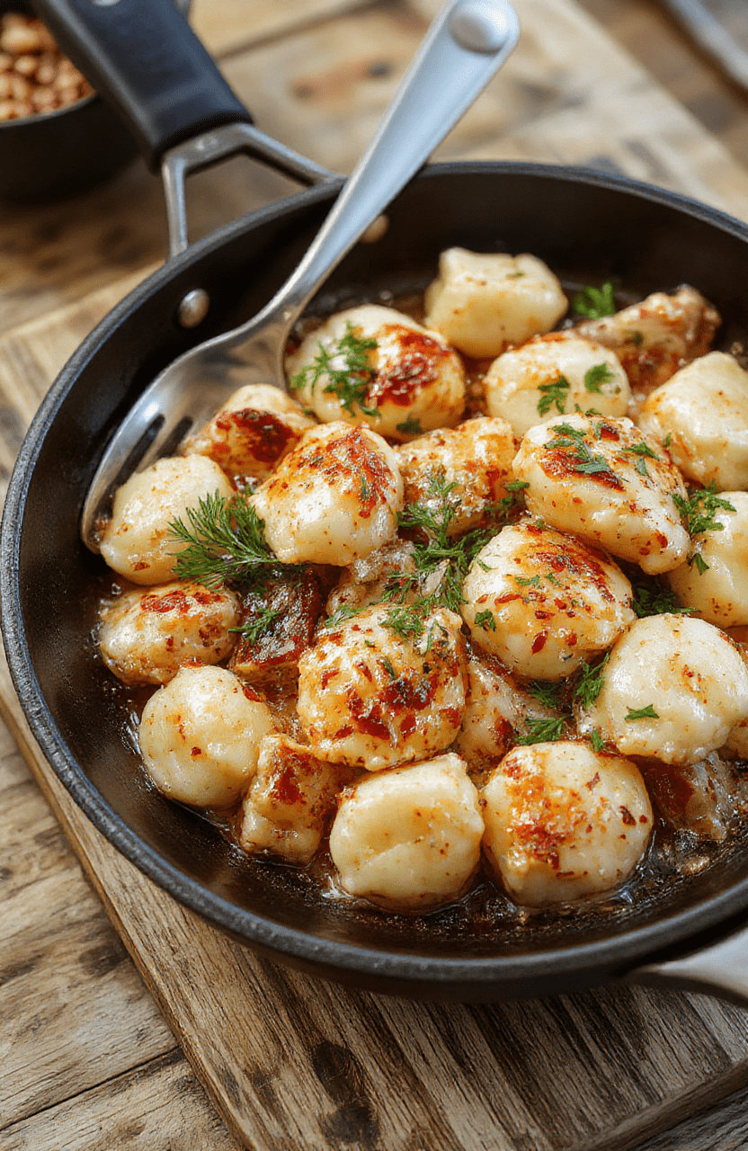 Golden-brown garlic chicken and pillowy gnocchi in a creamy garlic butter sauce, sprinkled with fresh parsley and cracked black pepper, served in a rustic cast-iron skillet on a wooden table, with soft natural light and minimal styling.