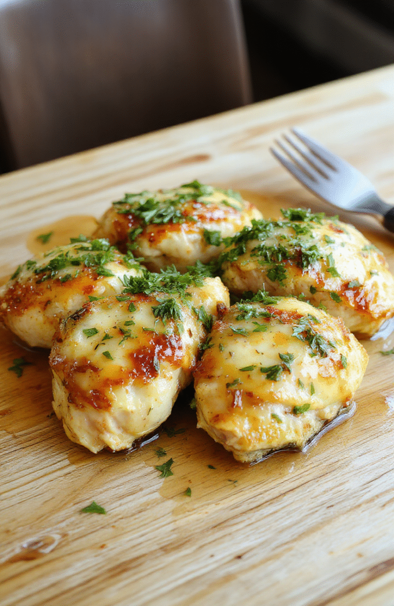 Golden-brown roasted chicken thighs glistening with garlic butter sauce, served on a rustic wooden board with fresh rosemary sprigs, halved lemon wedges, and roasted garlic cloves, on a light oak dining table with natural daylight