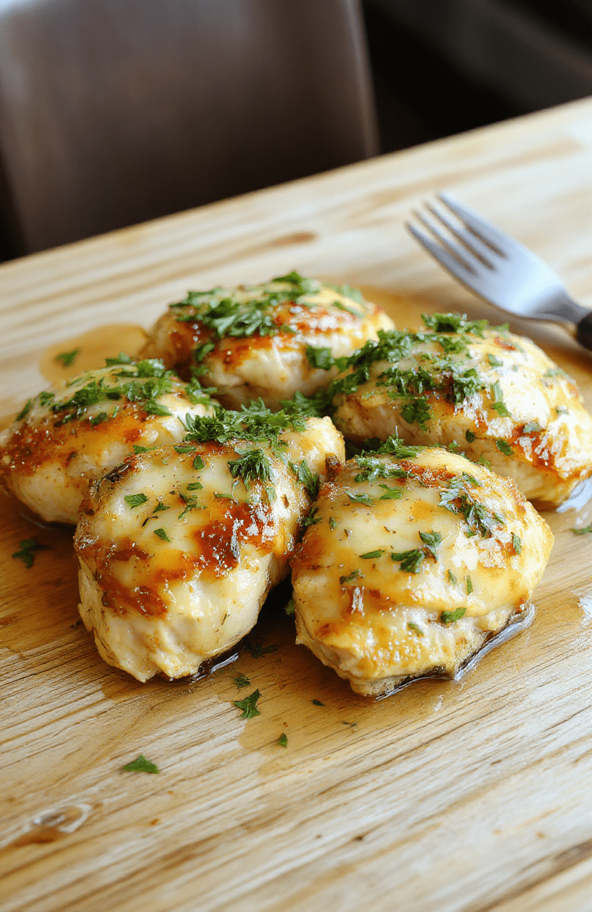 Golden-brown roasted chicken thighs glistening with garlic butter sauce, served on a rustic wooden board with fresh rosemary sprigs, halved lemon wedges, and roasted garlic cloves, on a light oak dining table with natural daylight