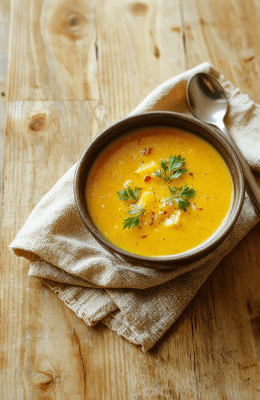A steaming bowl of golden turmeric chicken soup with tender shredded chicken, vibrant yellow-orange broth, diced carrots, celery, and fresh ginger slices, garnished with parsley and a drizzle of olive oil, placed on a rustic wooden cutting board with soft natural lighting and shallow depth of field.