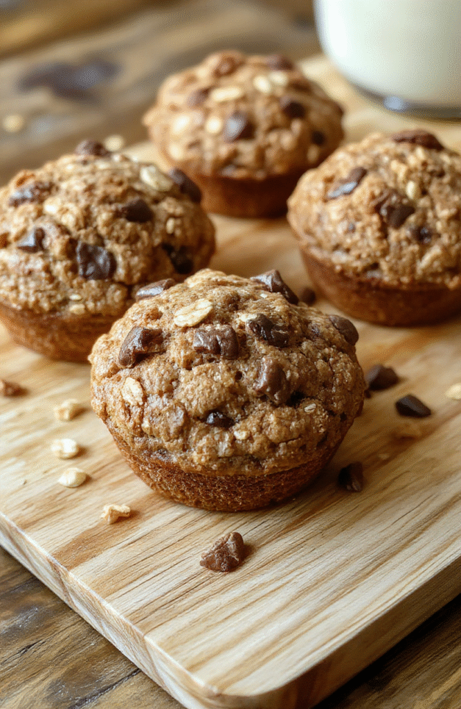 Two golden-brown banana oatmeal muffins on a white ceramic plate, garnished with sliced banana and flaked almonds, steaming slightly, placed on a light wooden surface with soft natural daylight and subtle shadows.