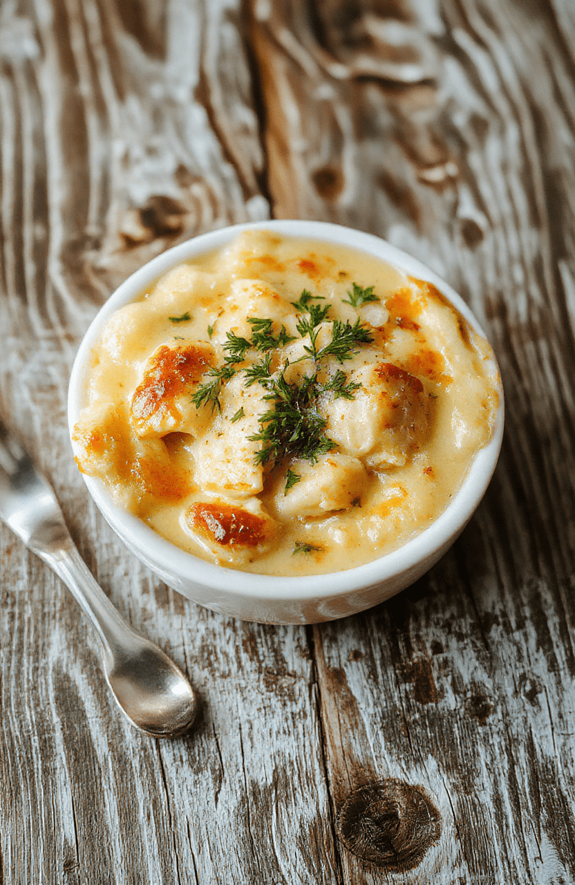 A rustic ceramic bowl of creamy chicken pot pie soup with tender chicken, peas, carrots, and potatoes, garnished with fresh parsley and a drizzle of olive oil, served on a wooden table with natural daylight and soft shadows.