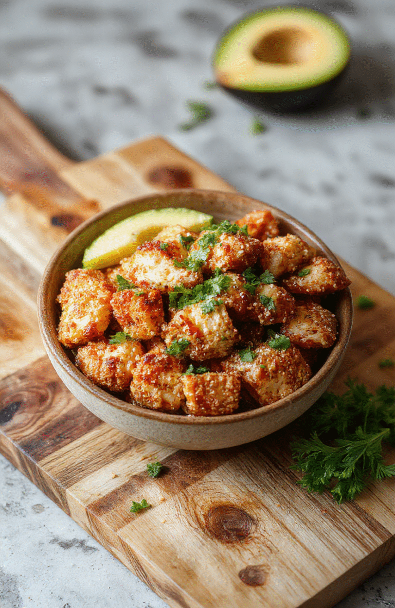Vibrant bowl of crispy roasted chicken pieces tossed in glossy golden-brown sesame sauce, garnished with toasted sesame seeds, sliced green onions, and cooked brown rice, served in a rustic ceramic bowl on a light wooden table with soft natural shadows.