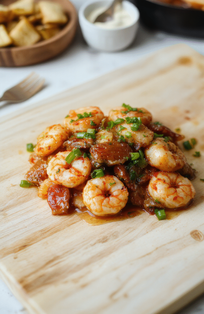 Bright pink and golden-brown garlic honey-glazed shrimp resting atop a bed of steamed rice, garnished with sesame seeds and sliced green onions, served in a rustic ceramic bowl on a light maple wood table with soft shadows and natural light.