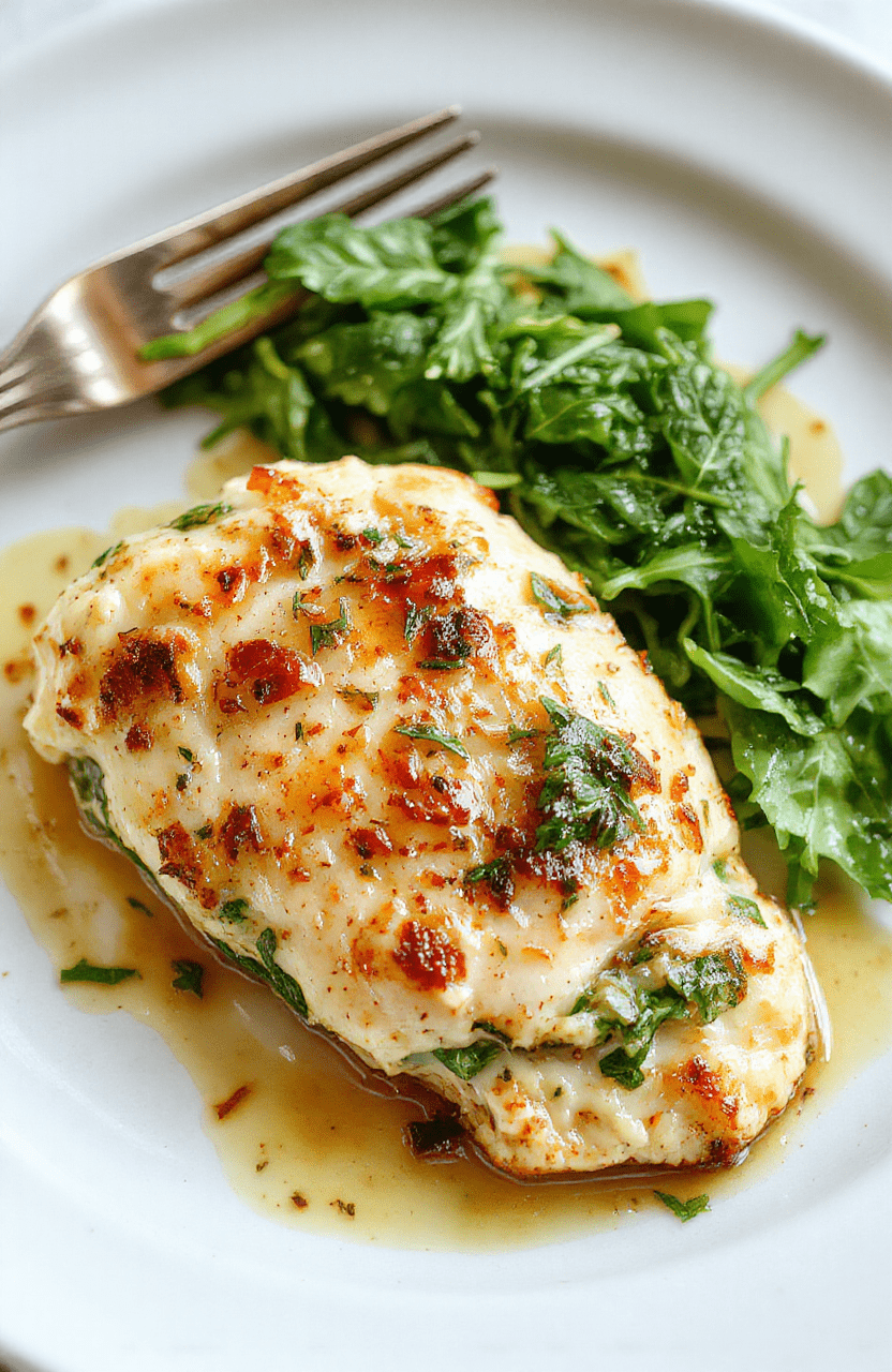 Juicy chicken breast halved and stuffed with vibrant green spinach and feta mixture, pan-seared to golden brown, garnished with fresh parsley and lemon wedges on a rustic white ceramic plate.