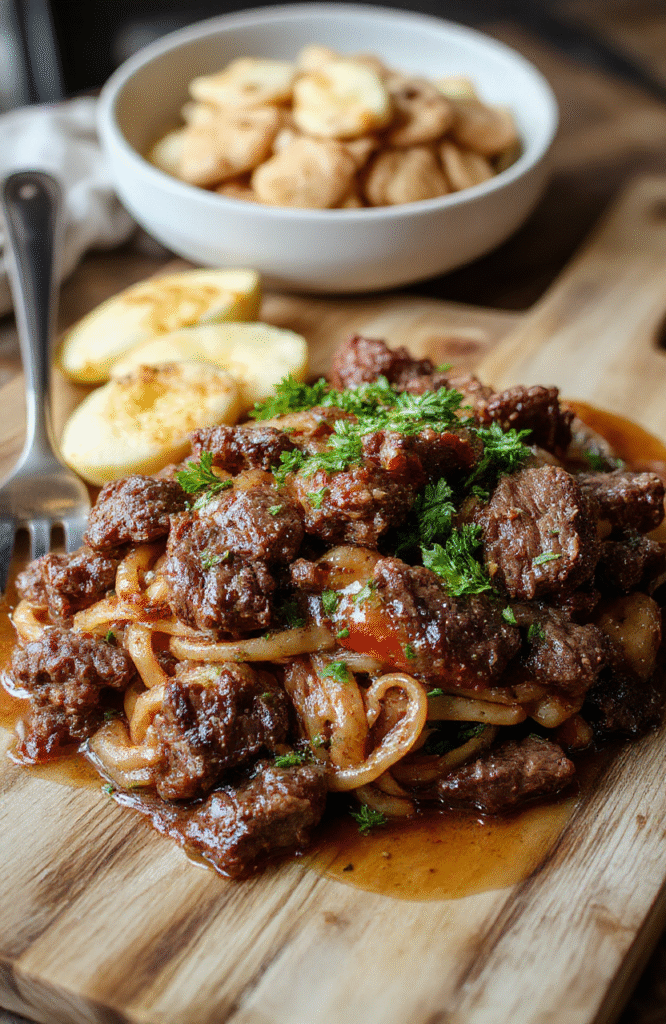 A steaming bowl of tender beef chunks and chewy egg noodles in a rich, savory brown gravy, garnished with fresh parsley, served in a rustic ceramic bowl against a wooden table with soft daylight casting gentle shadows.