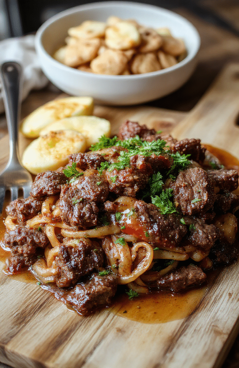 A steaming bowl of tender beef chunks and chewy egg noodles in a rich, savory brown gravy, garnished with fresh parsley, served in a rustic ceramic bowl against a wooden table with soft daylight casting gentle shadows.