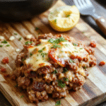 Hearty ground beef hobo casserole in a deep cast-iron skillet: layered with browned beef, tender potatoes, carrots, onions, and green beans, all topped with melted cheddar cheese and finished with a sprinkle of parsley. The edges are slightly crispy, steam rising, captured in warm natural light on a rustic wooden table.