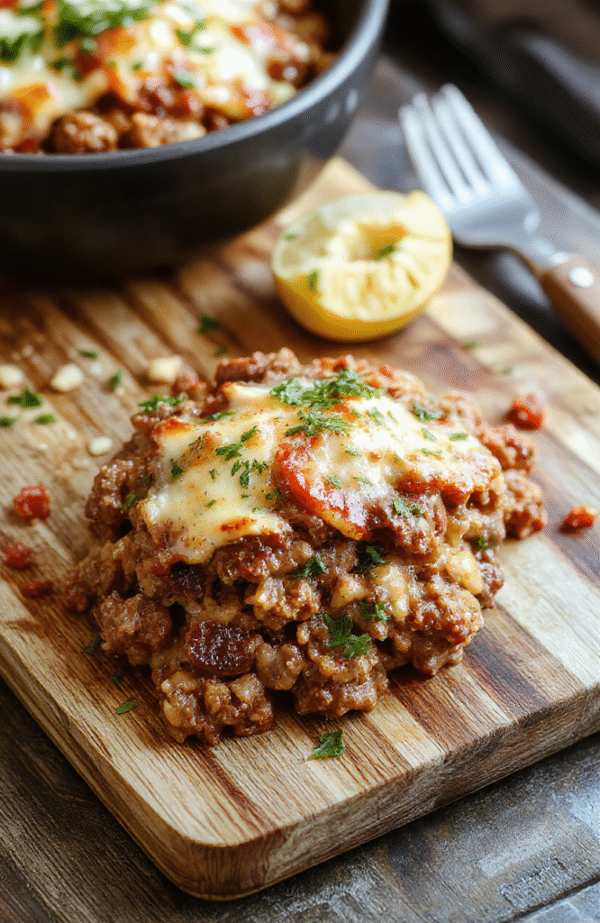 Hearty ground beef hobo casserole in a deep cast-iron skillet: layered with browned beef, tender potatoes, carrots, onions, and green beans, all topped with melted cheddar cheese and finished with a sprinkle of parsley. The edges are slightly crispy, steam rising, captured in warm natural light on a rustic wooden table.
