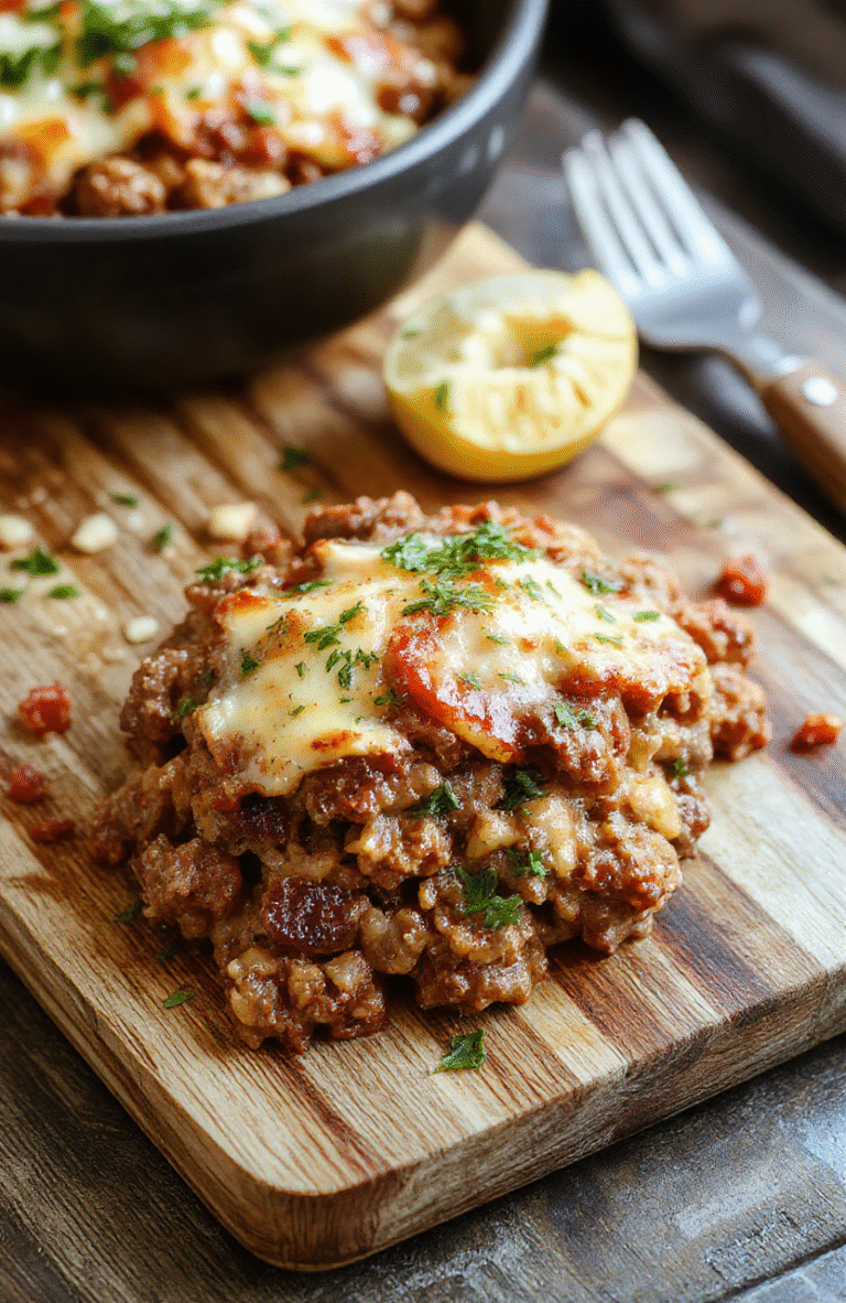 Hearty ground beef hobo casserole in a deep cast-iron skillet: layered with browned beef, tender potatoes, carrots, onions, and green beans, all topped with melted cheddar cheese and finished with a sprinkle of parsley. The edges are slightly crispy, steam rising, captured in warm natural light on a rustic wooden table.