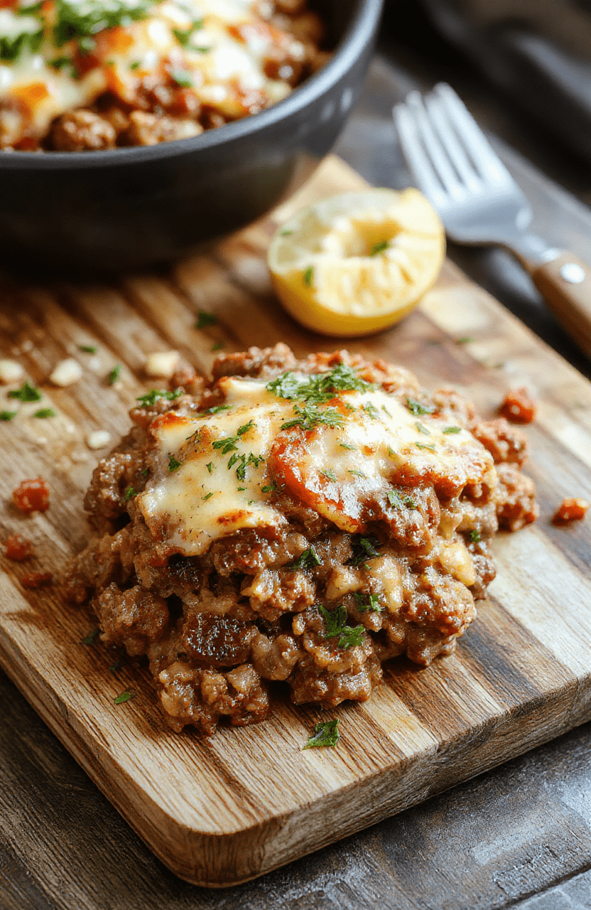 Hearty ground beef hobo casserole in a deep cast-iron skillet: layered with browned beef, tender potatoes, carrots, onions, and green beans, all topped with melted cheddar cheese and finished with a sprinkle of parsley. The edges are slightly crispy, steam rising, captured in warm natural light on a rustic wooden table.