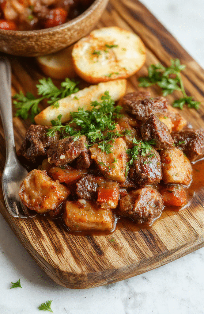 A rustic ceramic bowl filled with rich, brown beef stew featuring tender chunks of beef, carrots, potatoes, and onions in a thick, savory gravy, garnished with fresh parsley, steam rising, resting on a light wooden table