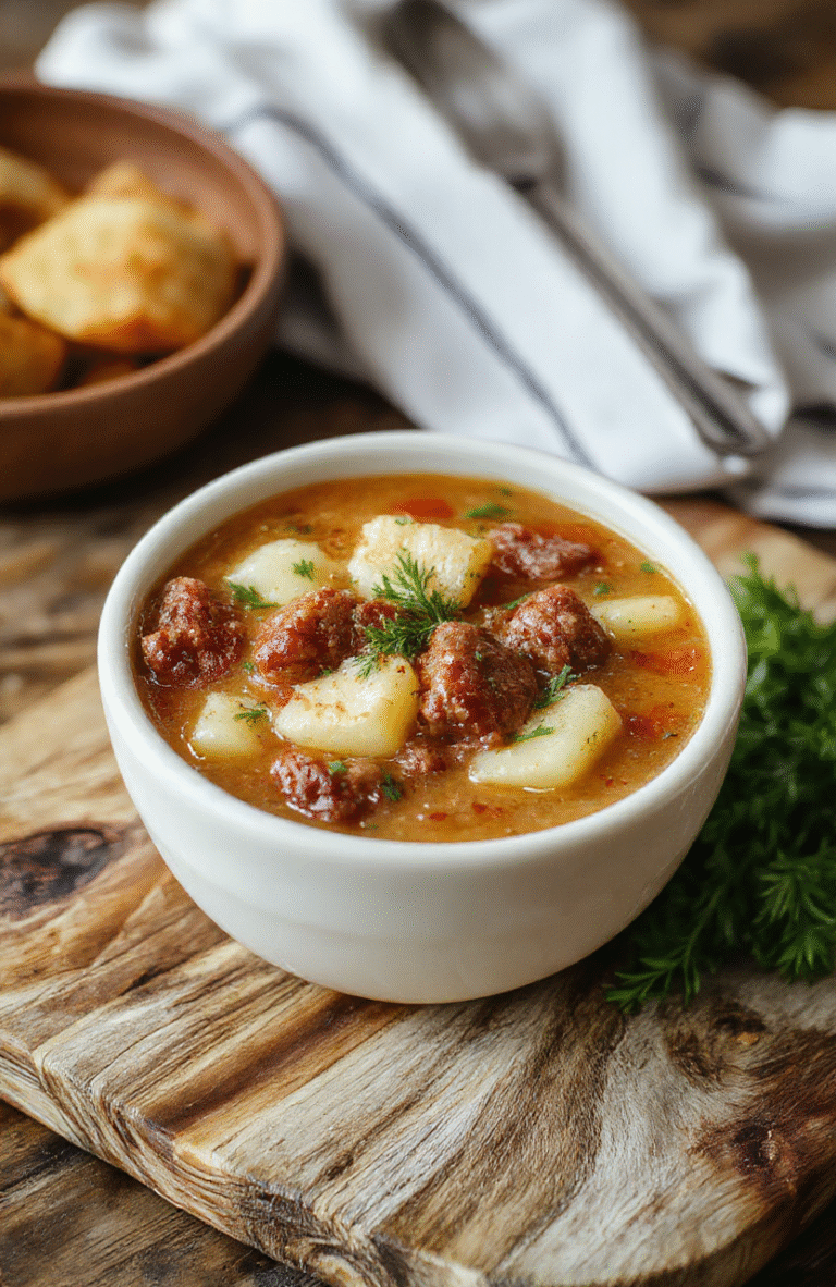 A steaming bowl of creamy sausage potato soup with thick slices of browned Italian sausage, chunky diced potatoes, golden carrots, and celery floating in a rich ivory-colored broth dotted with parsley. The soup is ladled into a rustic white ceramic bowl on a natural wood cutting board, with soft linen napkin and a sprinkle of black pepper in the foreground. Warm, cozy lighting from a window casts gentle shadows.
