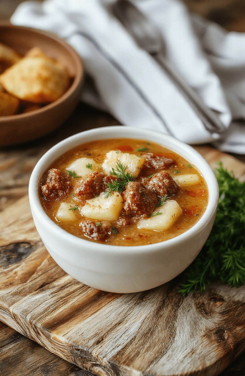 A steaming bowl of creamy sausage potato soup with thick slices of browned Italian sausage, chunky diced potatoes, golden carrots, and celery floating in a rich ivory-colored broth dotted with parsley. The soup is ladled into a rustic white ceramic bowl on a natural wood cutting board, with soft linen napkin and a sprinkle of black pepper in the foreground. Warm, cozy lighting from a window casts gentle shadows.