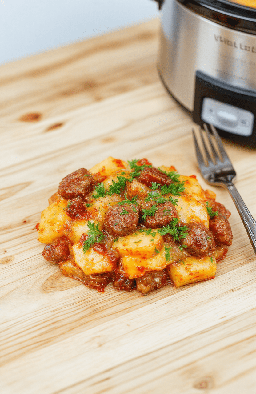 Hearty slow cooker sausage potato casserole served in a cast iron skillet, golden-brown top with melted cheddar cheese bubbling, tender potatoes, crisp-edged breakfast sausage links, roasted red peppers, chopped spinach, and fresh parsley sprinkled on top, against a rustic wooden table with soft natural daylight and shallow depth of field.