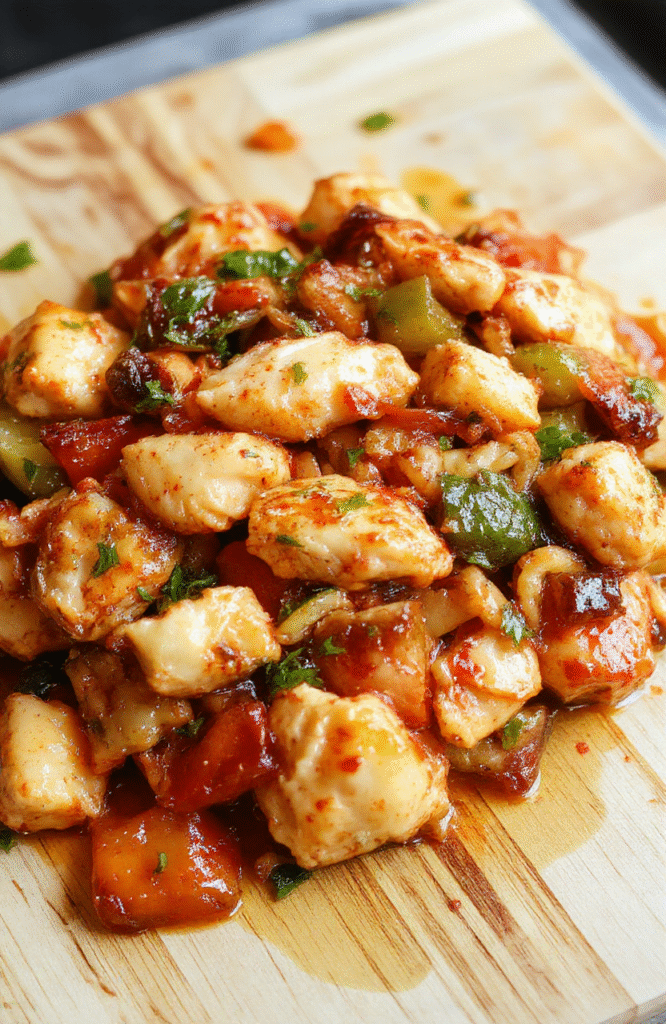 A vibrant bowl of colorful high-protein chicken stir-fry with crisp broccoli florets, sliced bell peppers, baby carrots, and bite-sized chicken breast pieces, garnished with sesame seeds and green onions, served on a simple white ceramic plate against a wooden table.