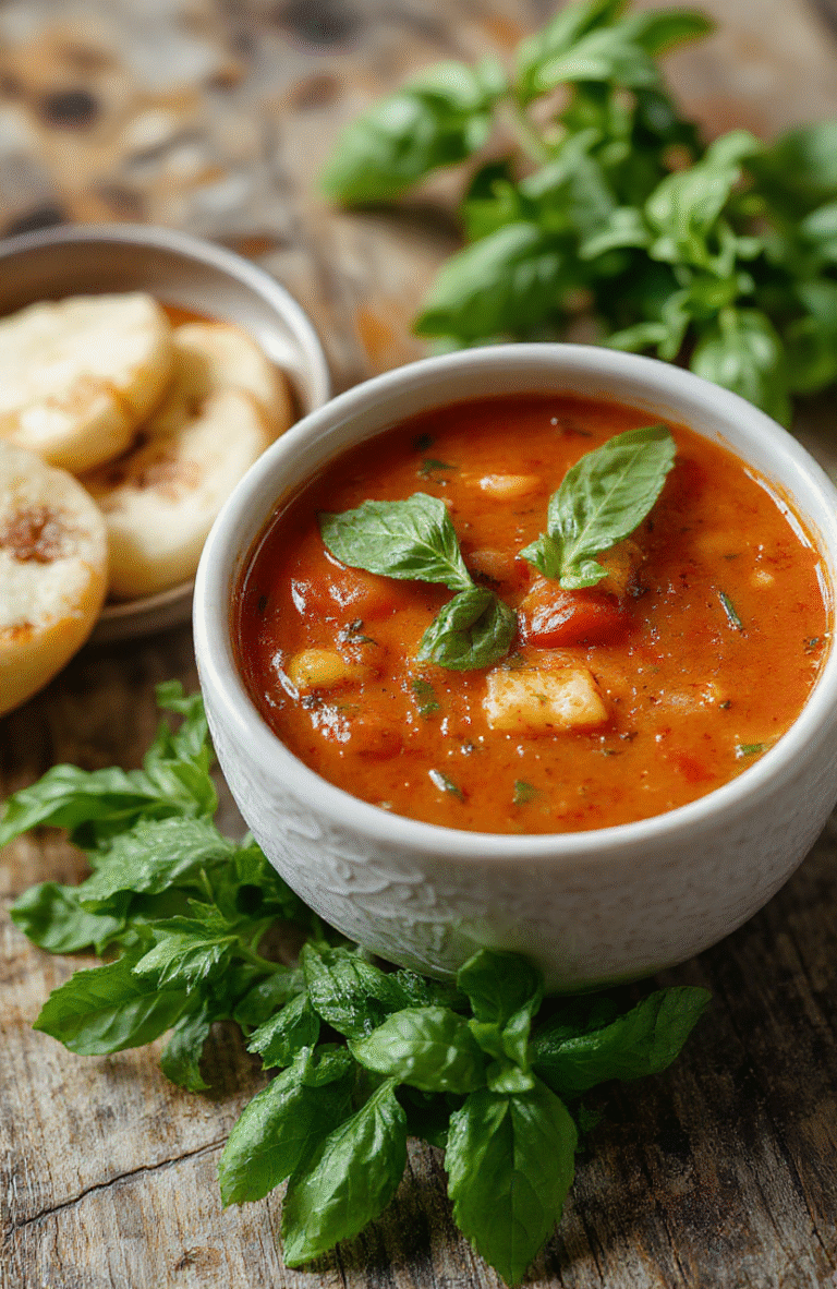 Rustic ceramic bowl filled with vibrant crimson tomato soup, Garnished with vibrant green basil leaves and a swirl of golden olive oil, steam rising gently, served beside crusty sourdough bread on a wooden cutting board in soft natural daylight.